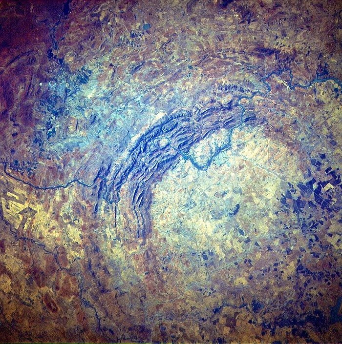 As seen from space, the Vredefort Dome. By Space Shuttle STS51l--33-56AA (Creative Commons)