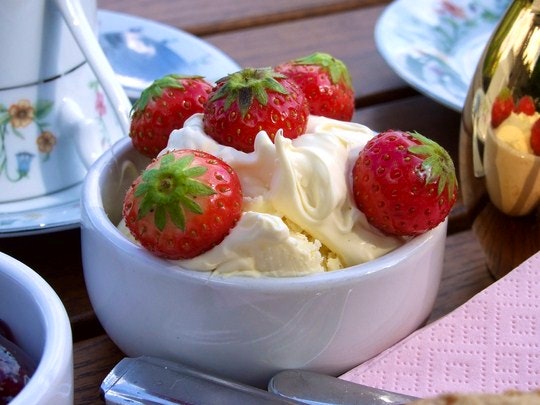 A bowl of strawberries and cream. By Gizmo Bunny (Flickr)