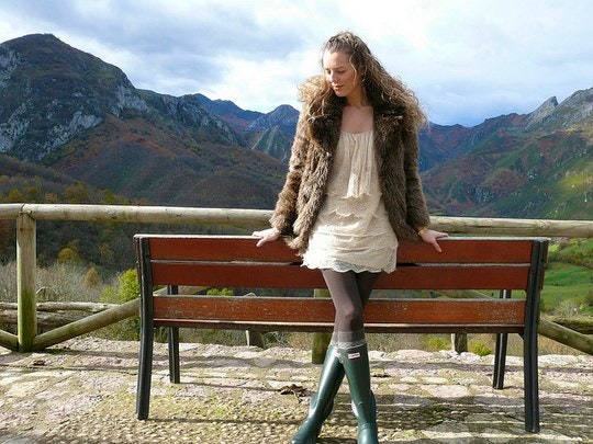 Dress and jacket with wellington boots. By Girls in Hunter Boots and more (Flickr)