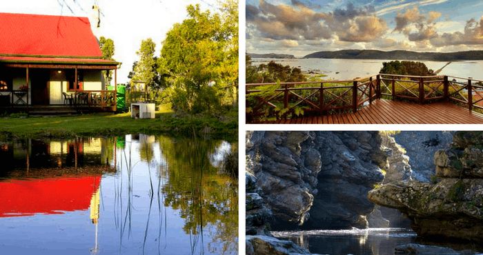 TravelGround accommodation in Knysna: Forest Edge (left and bottom right) and Hide-a-Loerie (top right)