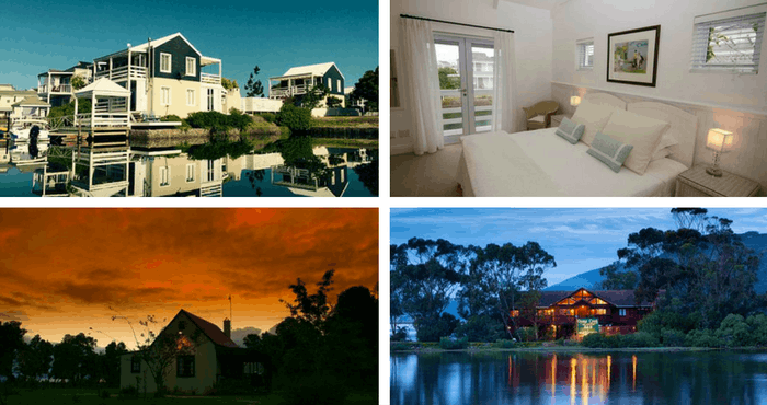 TravelGround accommodation in Knysna: Edgewater Cottage (top left and top right), Forest Edge (bottom left) and Oyster Creek Lodge (bottom right)
