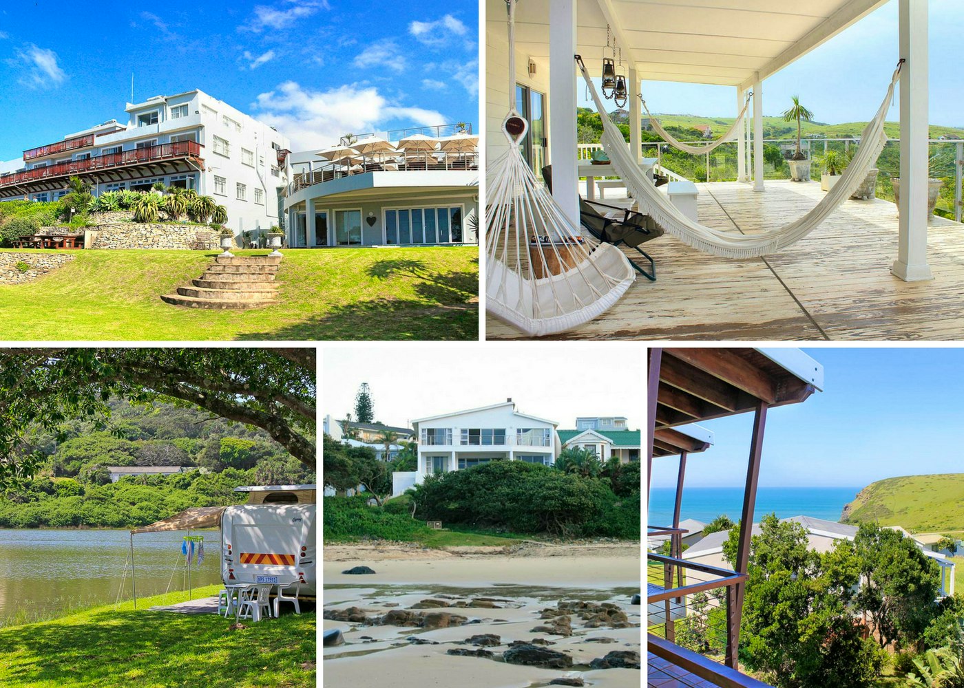 Top left: Morgan Bay Hotel, Top right: The Sullies, Bottom left: Morgan Bay Caravan Park, Bottom middle: Seaside Holiday House, Bottom right: Ocean Valley View