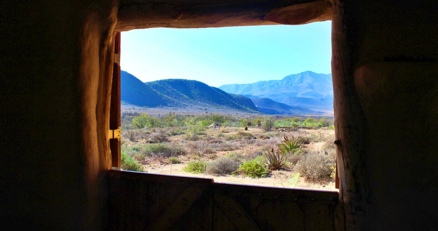 The view from the Eybers' bedroom with lintels found in the veld. 