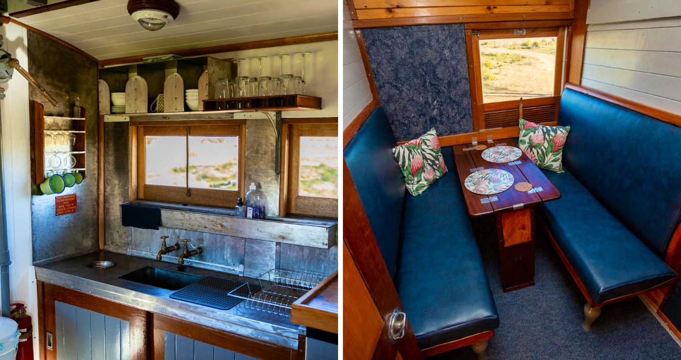 The Red Caboose has a kitchenette and dining nook