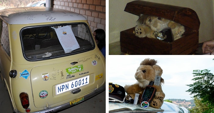Foto's JP Meintjes Van JP se vondse: (REgs) GC5CW9M - MEGA Surprise – "Hierdie geocache was die grootste wat ek ooit gevind het. Die “houer” was een van daardie “storage units” en die Mini wat in die area parkeer was, was die log. Elkeen wat die geocache gevind het, het op die Mini self die vonds aangeteken." (Regs bo) GC1RD8D Diggers Treasure en (regs onder) GCZN3D Pta View 5.