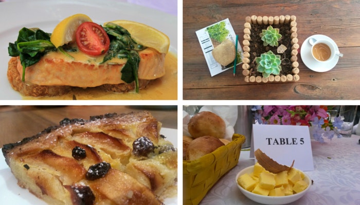 McGregor Foods collage - Salmon, apple tart, butter and rolls and tea. By Roseanna McBain (C) TravelGround